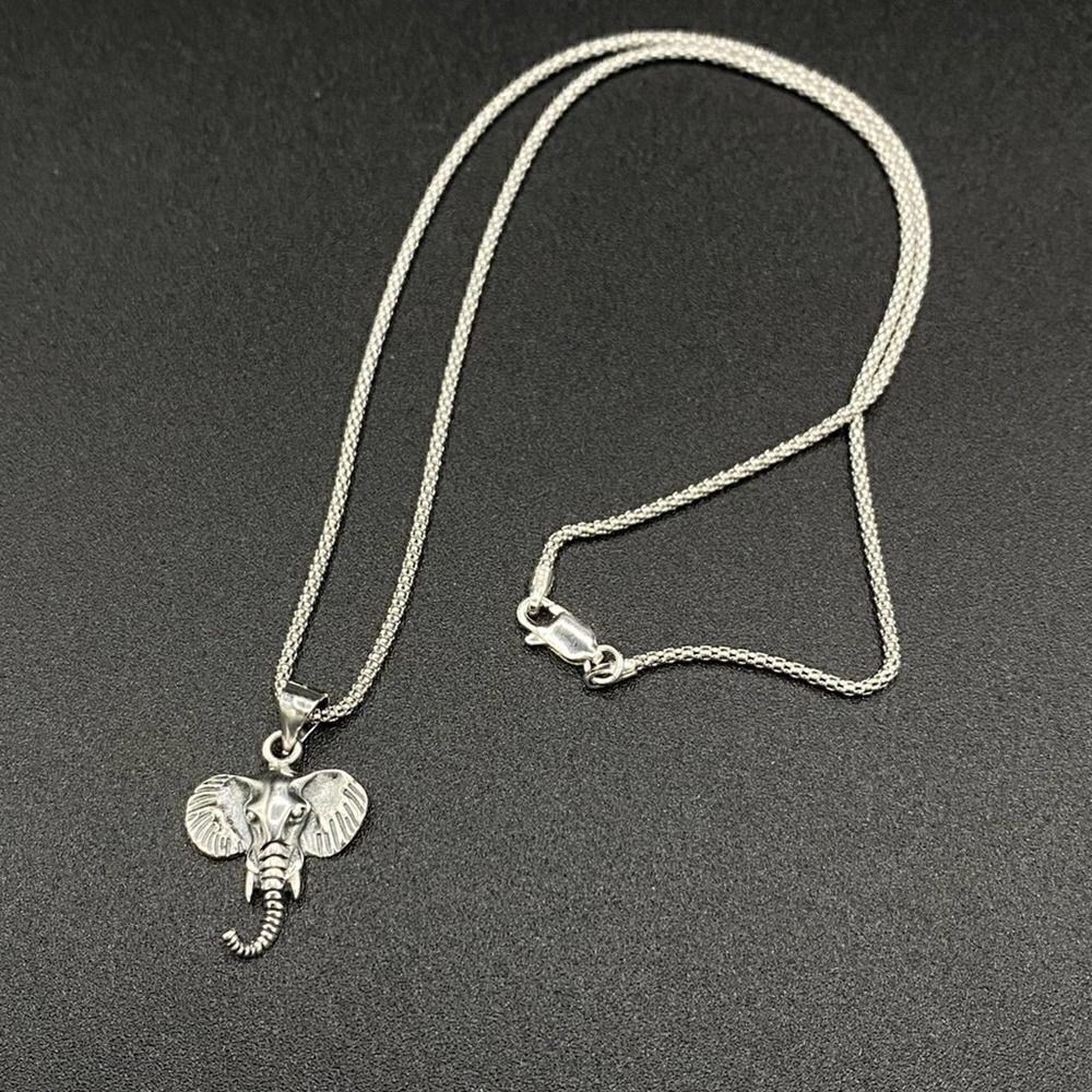 Solid Sterling Silver Elephant Head Pendant on Italian Popcorn Chain Necklace